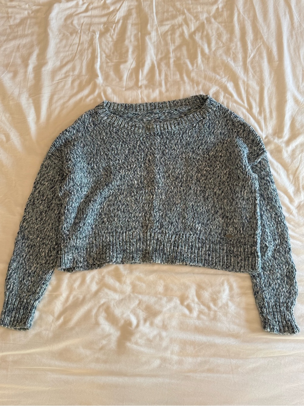 Cropped Knit Pullover Sweater - Blue/Gray Marled